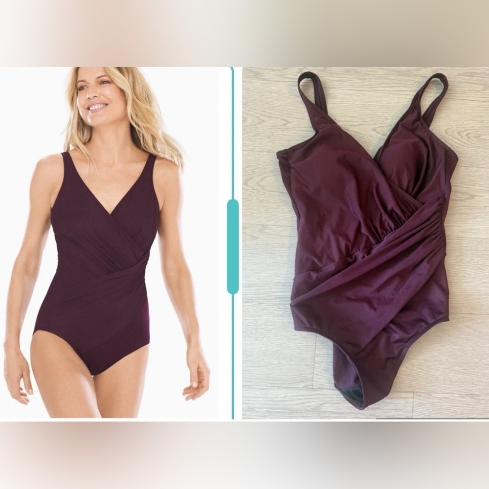 Miraclesuit Women's Oceanus One Piece Swimsuit Scoop Back V-Neck Black Size 12